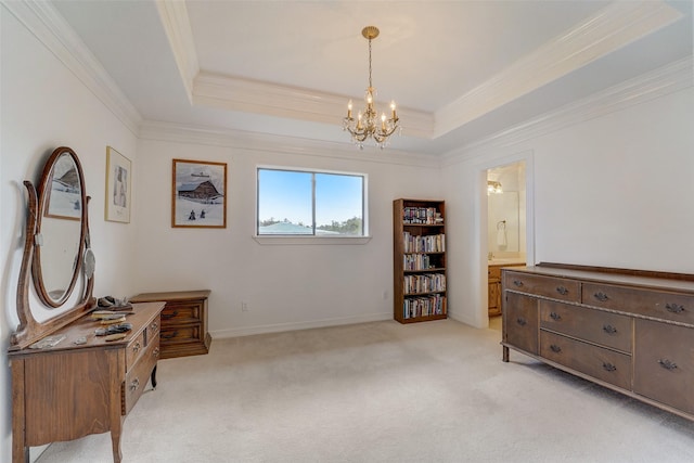 sitting room featuring ornamental molding, a tray ceiling, a notable chandelier, and light colored carpet