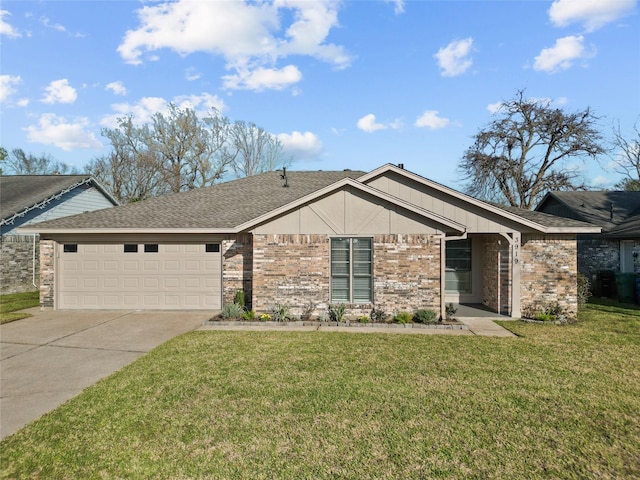 view of front of home featuring an attached garage, brick siding, driveway, and a front lawn