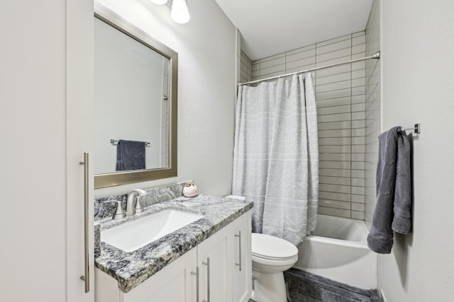 bathroom featuring vanity, toilet, and shower / bathtub combination with curtain