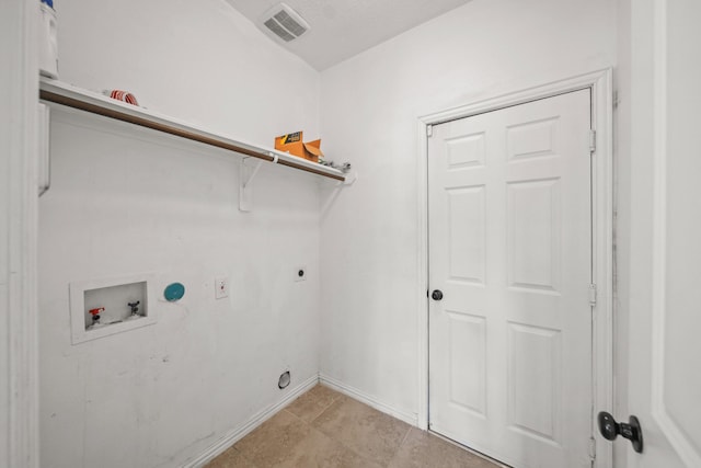 clothes washing area with hookup for a washing machine, baseboards, visible vents, hookup for an electric dryer, and laundry area