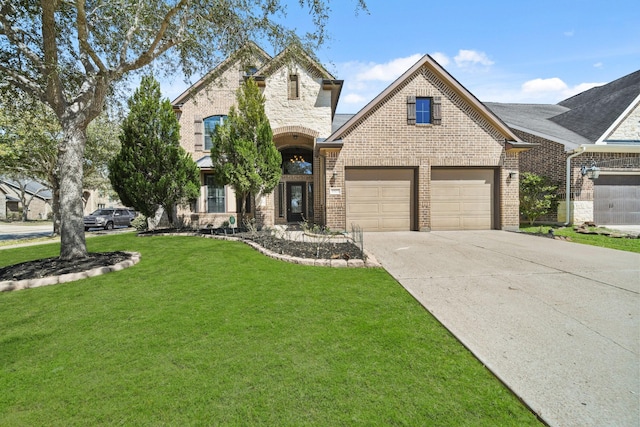 french provincial home featuring brick siding, an attached garage, a front yard, stone siding, and driveway