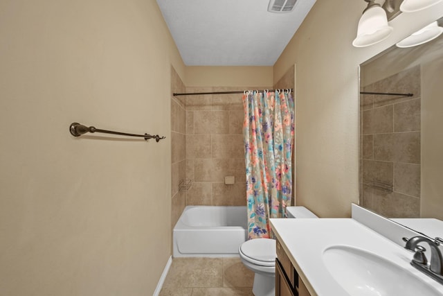 bathroom with visible vents, toilet, shower / tub combo with curtain, tile patterned flooring, and vanity