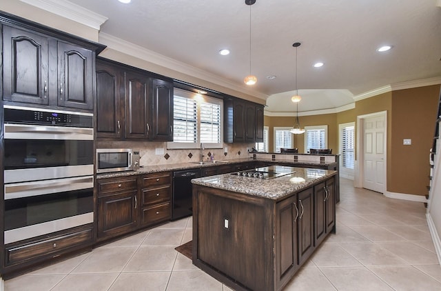 kitchen featuring stone counters, black appliances, light tile patterned flooring, and ornamental molding