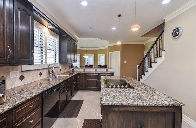 kitchen with ornamental molding, a sink, black appliances, dark brown cabinets, and tasteful backsplash