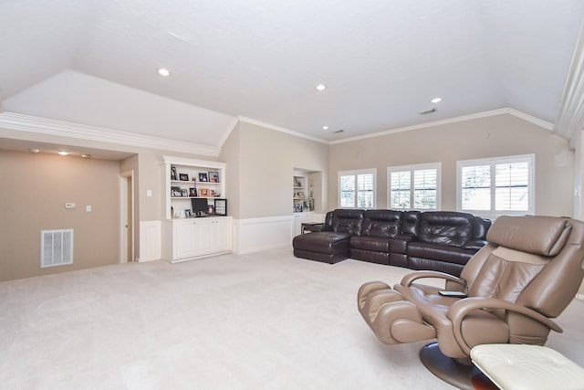 carpeted living area featuring recessed lighting, visible vents, crown molding, and vaulted ceiling