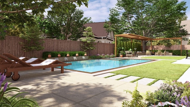 view of swimming pool with an outdoor living space, a fenced backyard, a yard, a fenced in pool, and a patio area