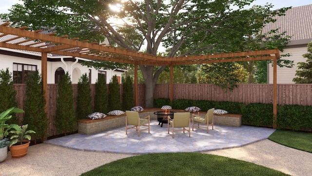 view of patio with a pergola, an outdoor fire pit, and fence