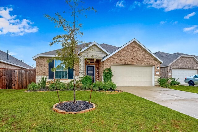 ranch-style home featuring a garage, brick siding, and a front lawn