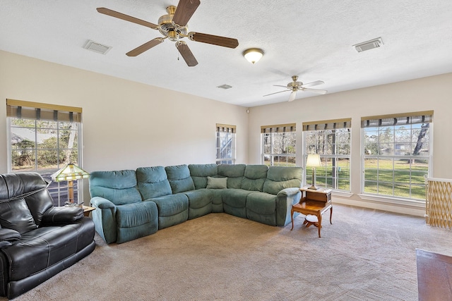 carpeted living area featuring visible vents, a textured ceiling, and a wealth of natural light