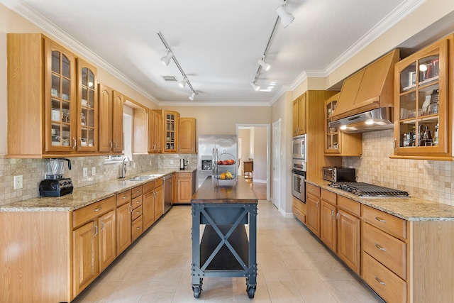 kitchen featuring light stone counters, glass insert cabinets, custom exhaust hood, stainless steel appliances, and a sink