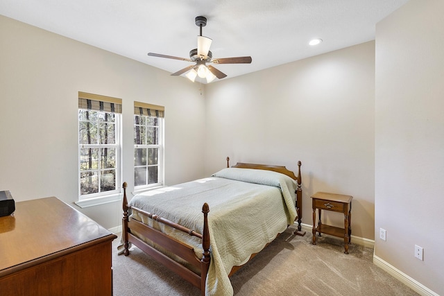 bedroom with ceiling fan, recessed lighting, carpet, and baseboards