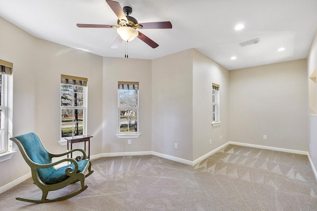 unfurnished room with visible vents, baseboards, a ceiling fan, carpet, and recessed lighting