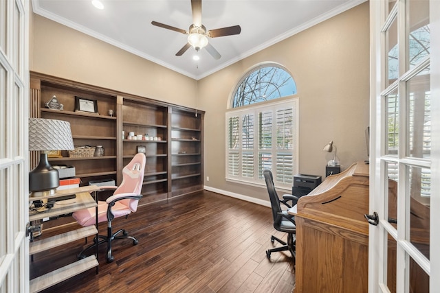 office area with crown molding, a wealth of natural light, and dark wood finished floors