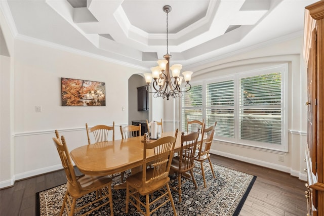 dining area with dark wood-style floors, baseboards, arched walkways, and crown molding