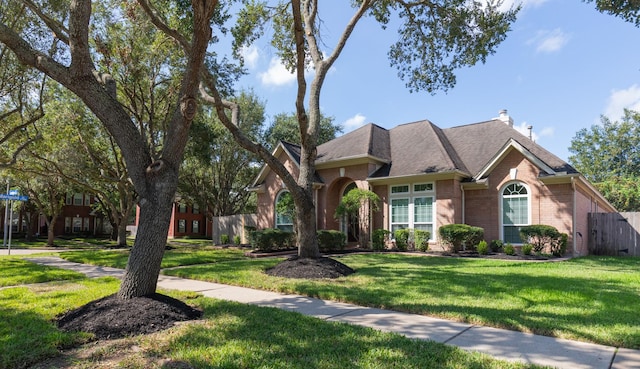 view of front of property featuring a shingled roof, brick siding, fence, a front lawn, and a chimney