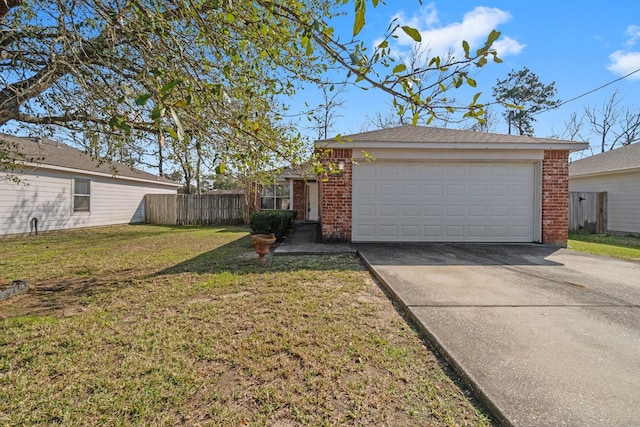 ranch-style home with an attached garage, brick siding, driveway, and a front lawn