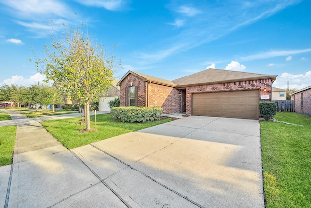 ranch-style home with brick siding, roof with shingles, concrete driveway, a front yard, and a garage