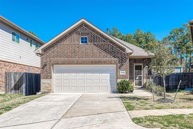 view of front of property featuring brick siding, fence, an attached garage, and roof with shingles