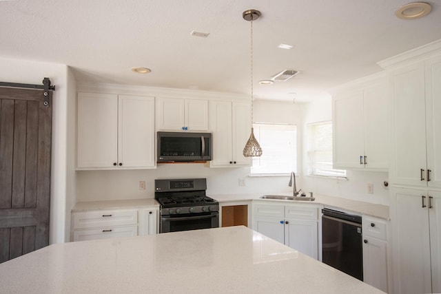 1523 Bamwick Dr, Houston, TX 77090 - kitchen featuring stainless steel gas stove, dishwasher, white cabinetry, recessed lighting, and pendant lighting