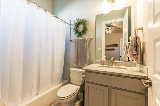 full bathroom with shower / bathtub combination with curtain, vanity, and toilet