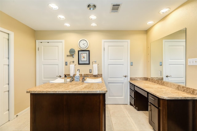 bathroom featuring recessed lighting, visible vents, vanity, and tile patterned floors