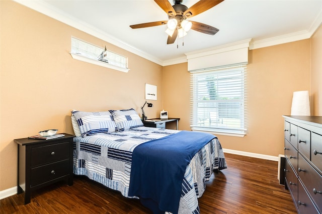 bedroom with baseboards, ornamental molding, and dark wood-style flooring