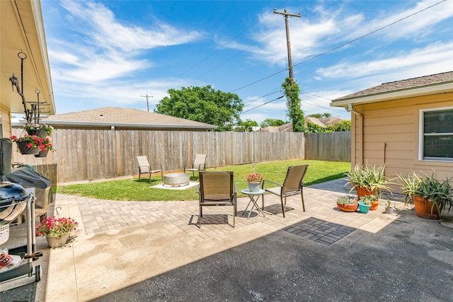 view of patio / terrace featuring a fenced backyard and a fire pit