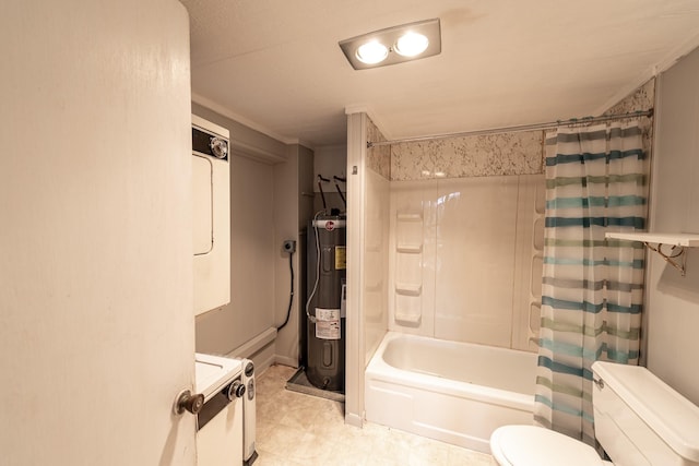 full bath featuring electric water heater, shower / bathtub combination with curtain, and toilet