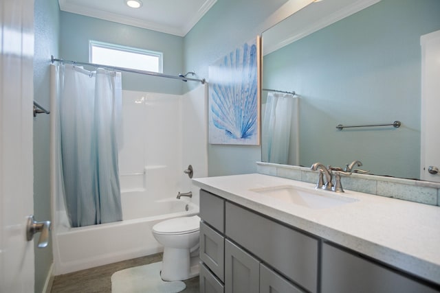 full bath with crown molding, toilet, shower / tub combo, vanity, and wood finished floors