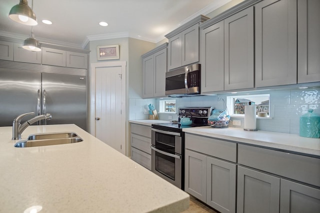 kitchen featuring backsplash, stainless steel appliances, a sink, and gray cabinetry