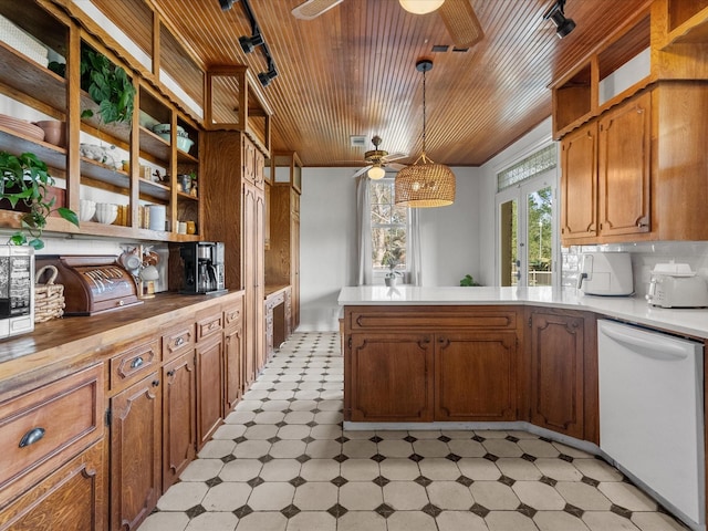 kitchen featuring a peninsula, light floors, wood ceiling, and white dishwasher