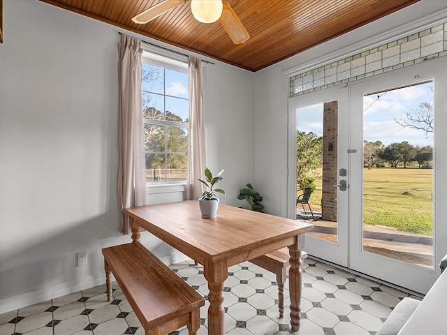 dining space featuring wood ceiling, baseboards, ceiling fan, and light floors