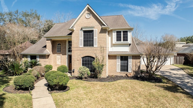 traditional-style house featuring brick siding and roof with shingles