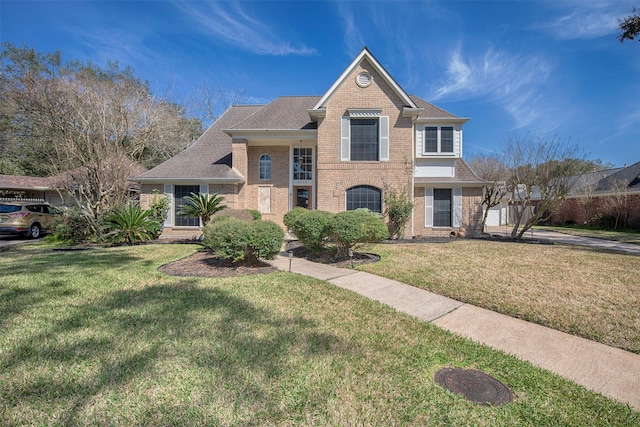 traditional home with a shingled roof, a front yard, and brick siding