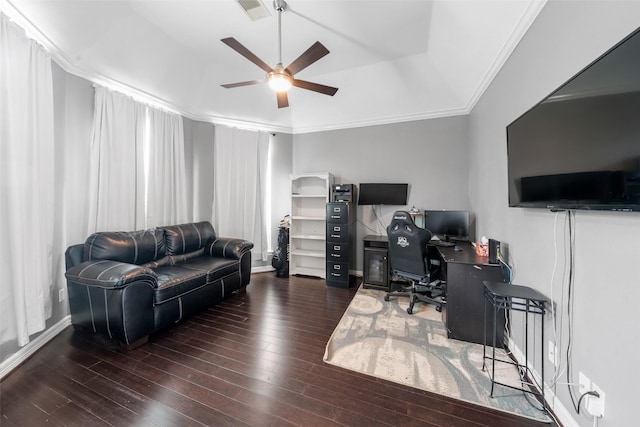 718 S Diamondhead Blvd, Crosby, TX 77532 - office featuring ceiling fan, hardwood / wood-style floors, and crown molding