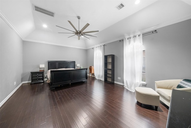 718 S Diamondhead Blvd, Crosby, TX 77532 - bedroom featuring lofted ceiling, wood finished floors, ornamental molding, ceiling fan, and recessed lighting