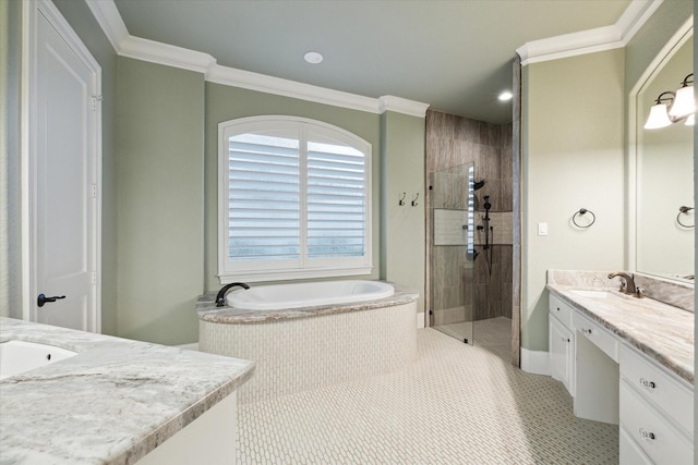 bathroom featuring ornamental molding, a stall shower, vanity, tile patterned flooring, and a bath