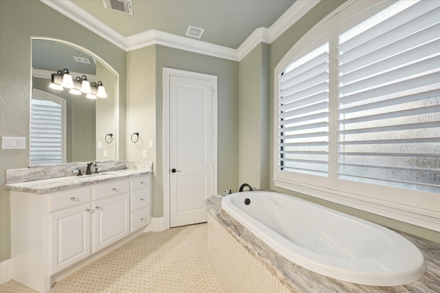 full bath featuring a bath, vanity, visible vents, and crown molding