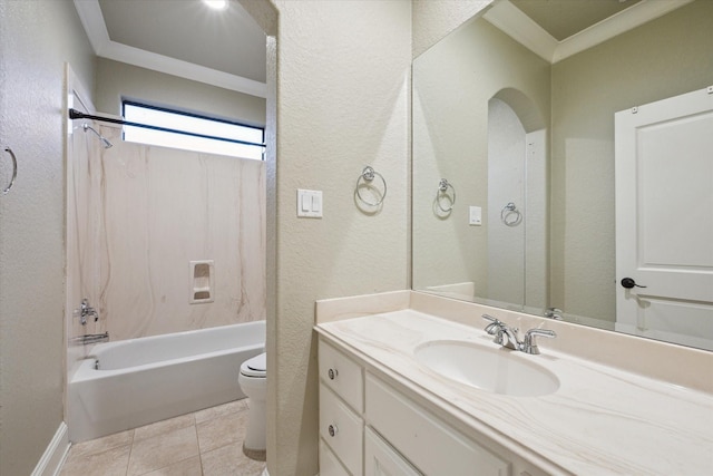 bathroom featuring crown molding, toilet, tub / shower combination, vanity, and tile patterned flooring