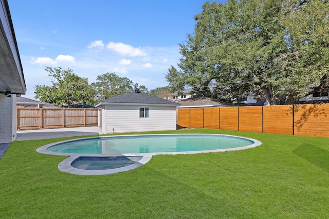 view of pool featuring a yard, a fenced backyard, a fenced in pool, and an in ground hot tub