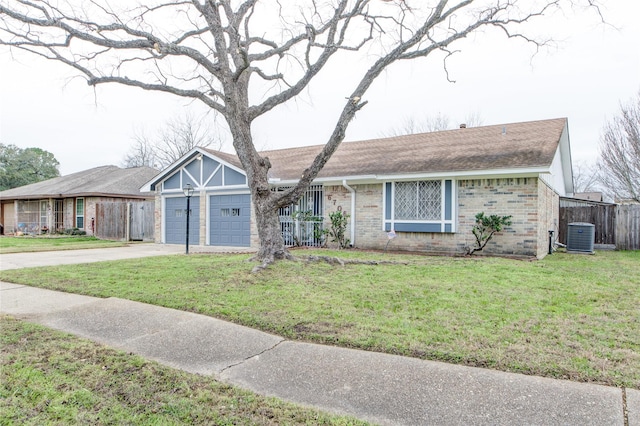 ranch-style home featuring brick siding, an attached garage, cooling unit, driveway, and a front lawn