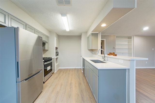 kitchen with stainless steel appliances, a peninsula, a sink, visible vents, and light wood finished floors