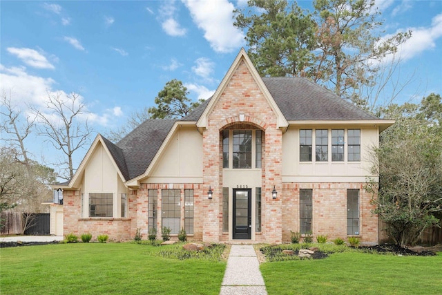 tudor house with brick siding, a shingled roof, fence, stucco siding, and a front lawn