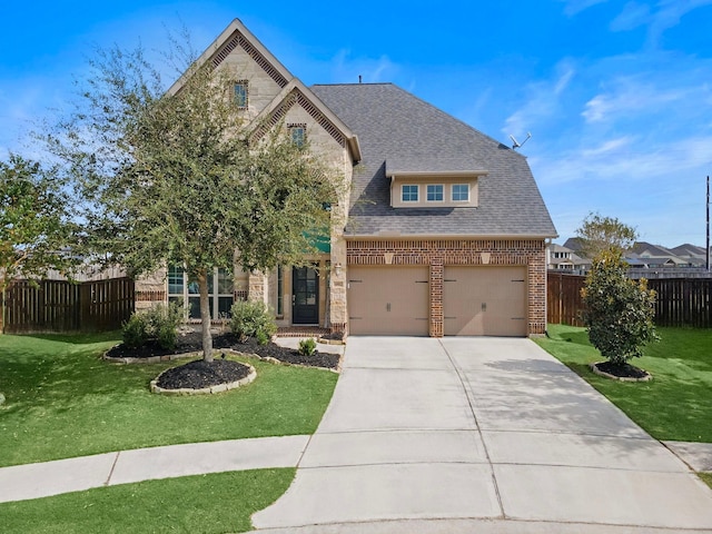 view of front of property with a front lawn, concrete driveway, fence, and brick siding