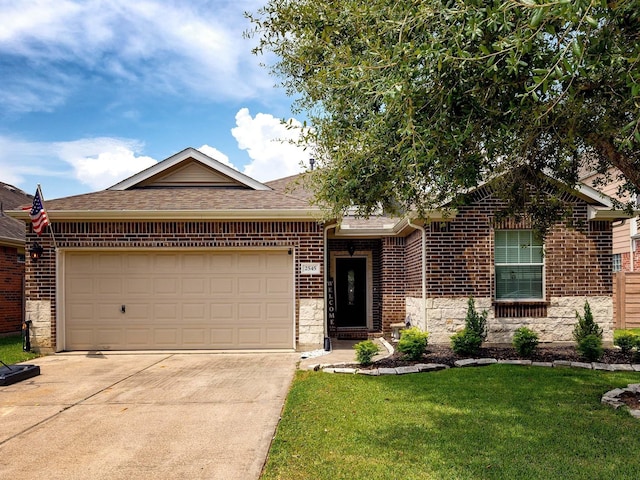 ranch-style home with concrete driveway, a front lawn, an attached garage, and brick siding