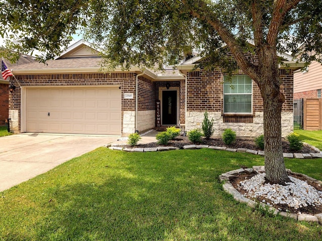 ranch-style home featuring a garage, brick siding, fence, concrete driveway, and a front lawn