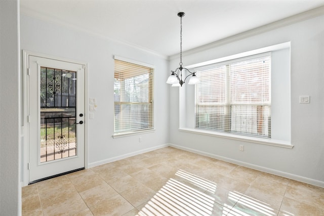 unfurnished dining area featuring a notable chandelier, baseboards, crown molding, and light tile patterned flooring