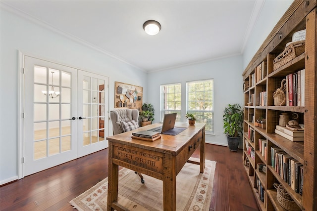 office area with dark wood-style floors, baseboards, ornamental molding, and french doors