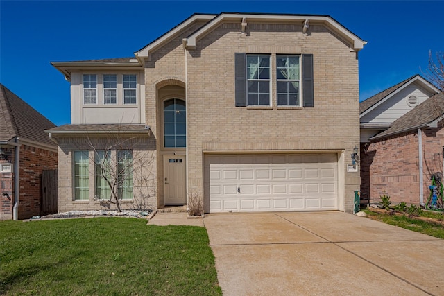 traditional home featuring an attached garage, driveway, brick siding, and a front yard