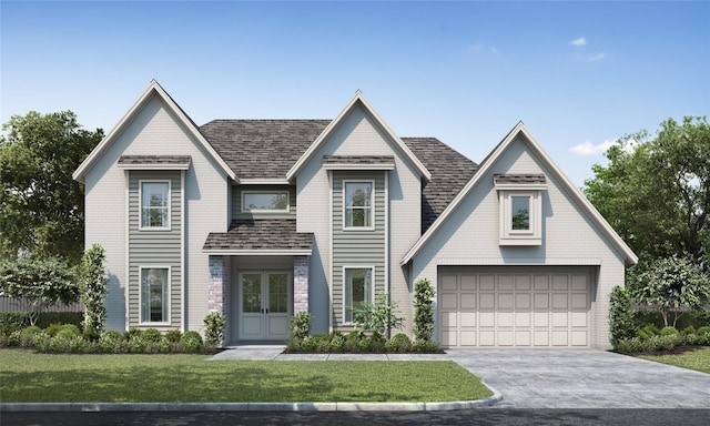 view of front of house featuring driveway, roof with shingles, a front yard, and french doors